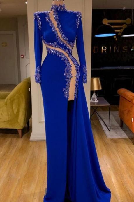 Sexy High Neck Royal Blue Evening Dresses Party Dresses Lace Applique