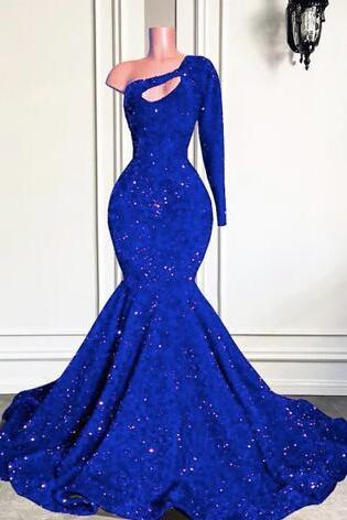 One Shoulder Mermaid Royal Blue Sparkly Prom Dresses
