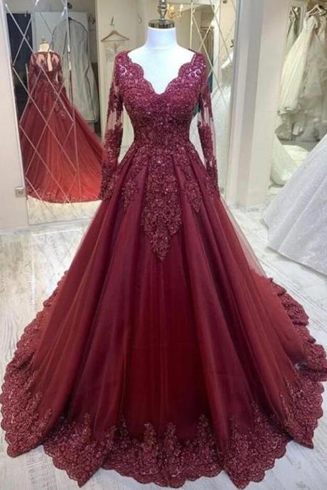 A-line Long Sleeve Wine Red Prom Dresses V-neck Lace Decal