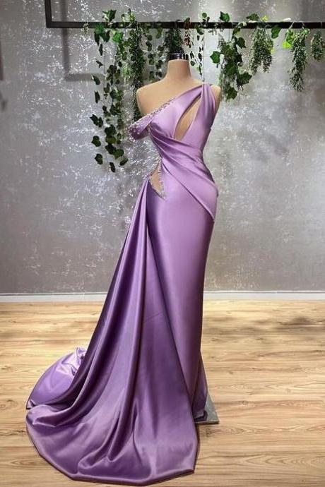 One Shoulder Beaded Purple Evening Dresses