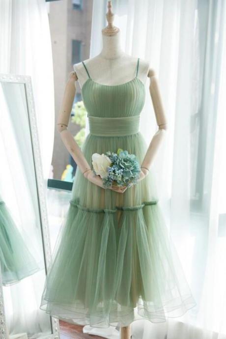Simple Green Tea Length Tulle Prom Dresses