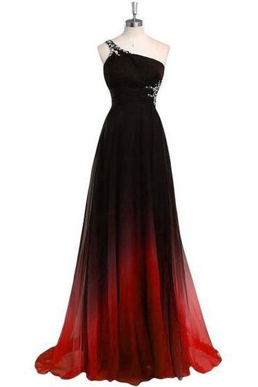 Ombre One Shoulder Black Red Chiffon Prom Gowns