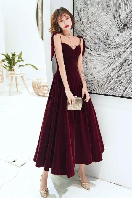 Elegant Dark Red Velvet Tea Length Prom Dress