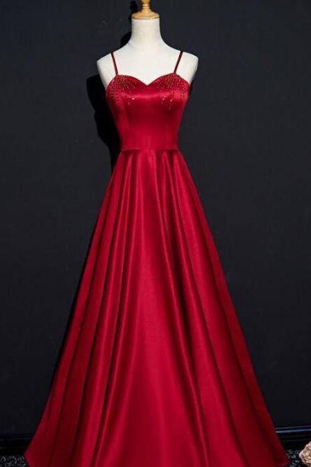 A Line Dark Red Straps Beaded Satin Long Prom Dress