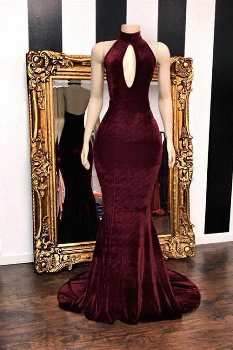 A Line High Neck Burgundy Velvet Prom Dress