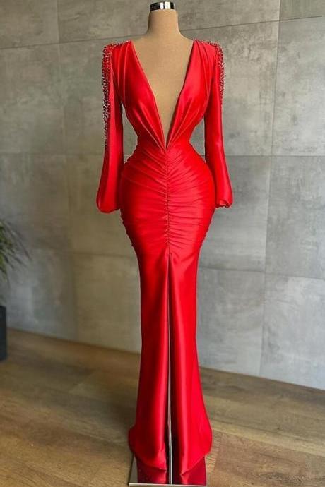 Deep V-neck Red Prom Dress Long Sleeves With Beadings