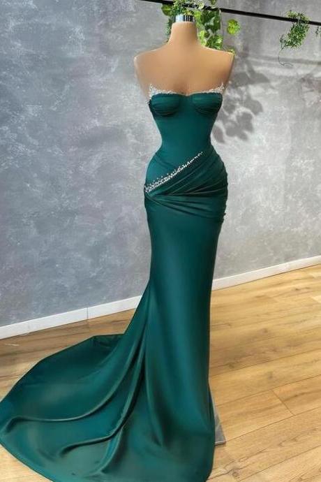 Mermaid Strapless Green Beading Long Evening Prom Dress