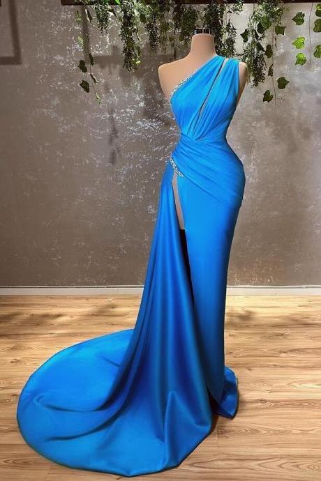 Mermaid Ocean Blue One Shoulder Prom Dress With Split