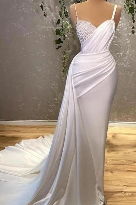 Spaghetti-Straps Pearl Mermaid Prom Dress With Beading