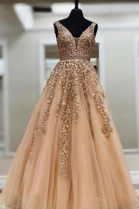 A Line V-neck Long Prom Dress With Appliques