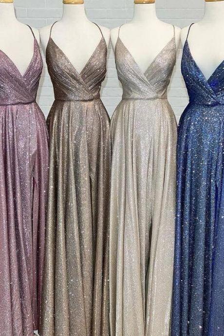 Sparkly A Line V Neck Long Prom Dresses