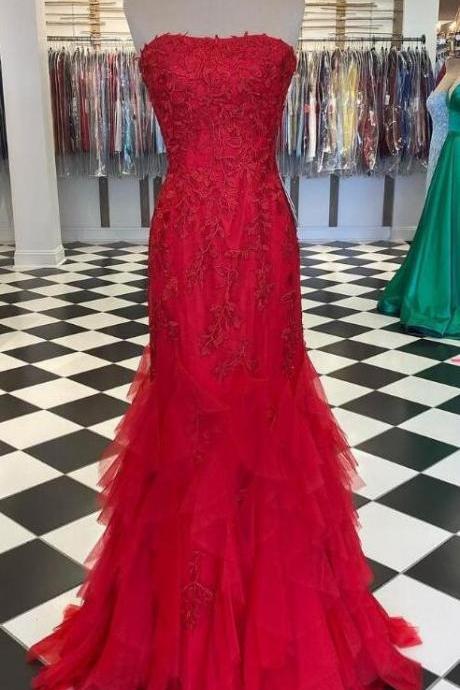 Strapless A Line Tulle Long Prom Dresses With Appliques
