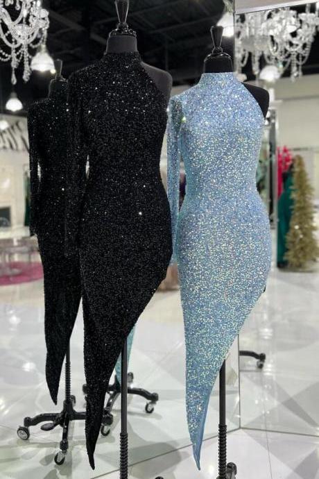 Sexy High Neck Tight Sequins Long Prom Dress With Slit