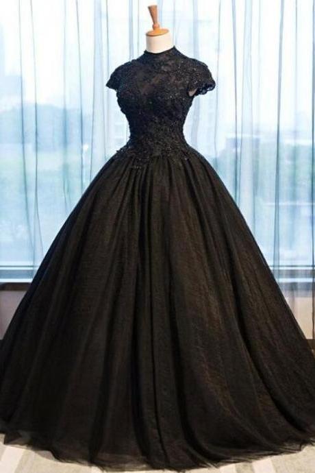 Ball Gown Black Cap Sleeves Long Tulle Prom Dress