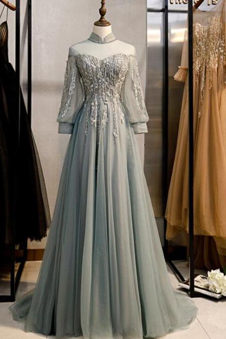 Charming A Line Tulle Long Sleeves Beaded And Lace Party Dress