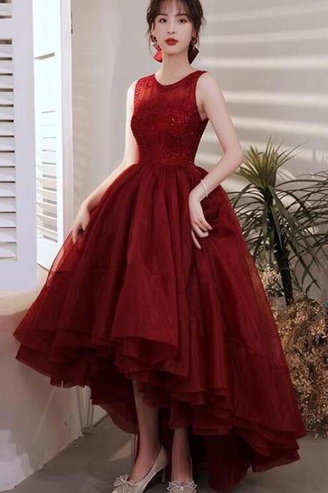Wine Red Organza Lace High Low Prom Dress