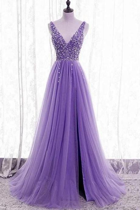 A Line Purple Beaded V-neckline Tulle Sparkle Evening Dress