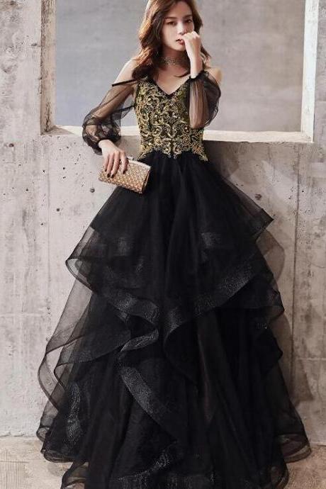 A Line Black Tulle Layers Party Dress With Gold Lace