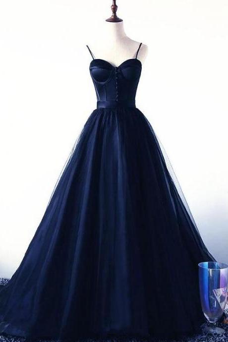 Simple Navy Blue Tulle And Satin Straps Long Prom Dress