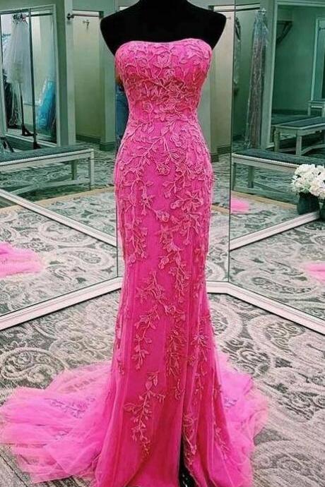 Mermaid Pink Lace Prom Dresses, Evening Dress