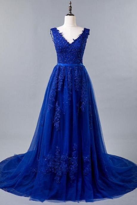 Mermaid Blue Lace V-neck Prom Dress With Lace Appliques