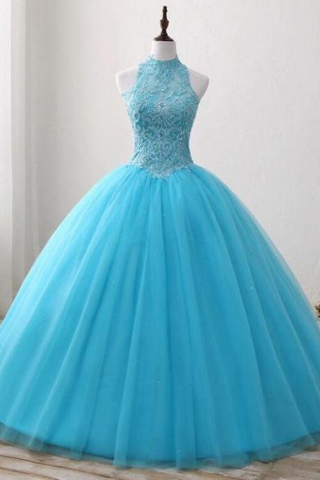 Princess Tulle Blue Appliques Lace Prom Dresses With Beading