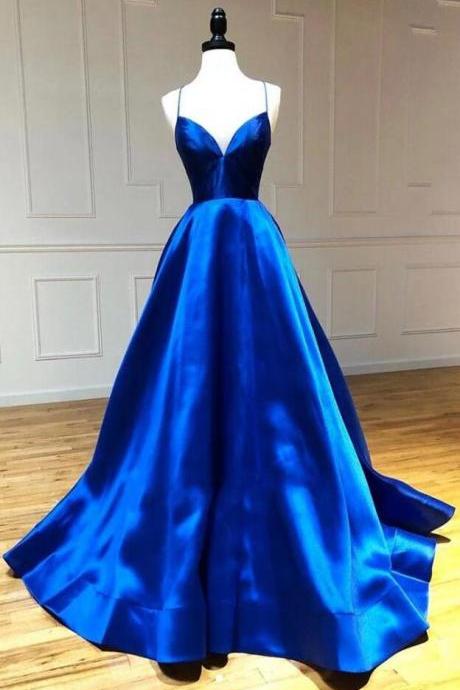 Spaghetti Straps Royal Blue Criss-cross Back Prom Dresses