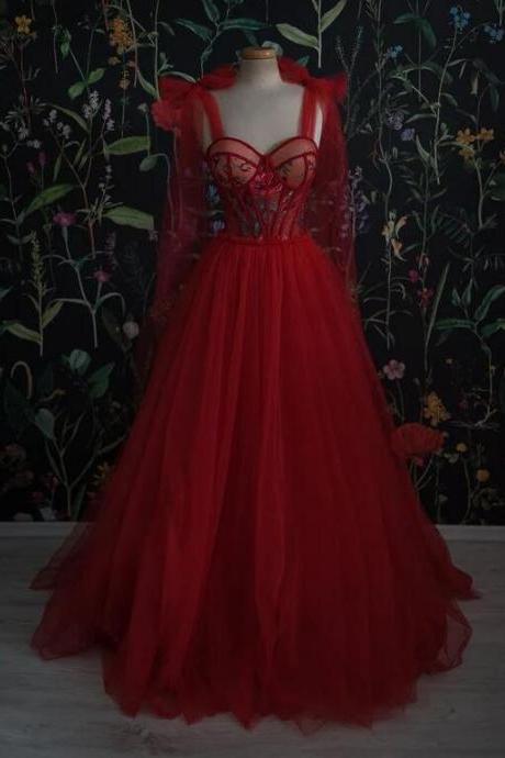 A-line Tulle Straps Red Long Party Dress, Prom Dress