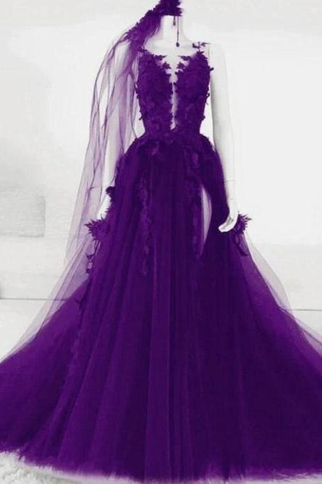 A Line Purple Tulle With Lace Long Party Dress