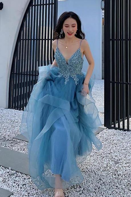 Spaghetti Straps Blue Prom Dresses, Tulle Prom Dresses