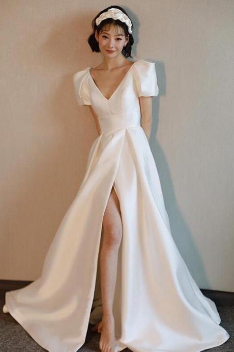 Short Sleeve Wedding Dress, Satin Bridal Dresses