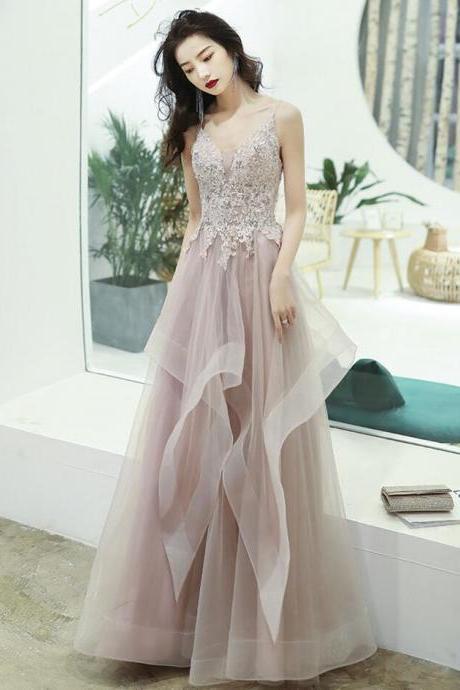 A Line Straps Pink Tulle Prom Dress With Lace