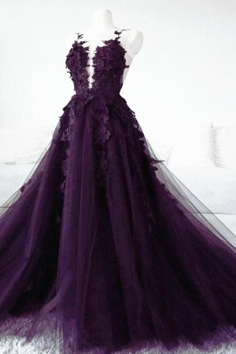 A Line Dark Purple Tulle Prom Dress With Lace Applique