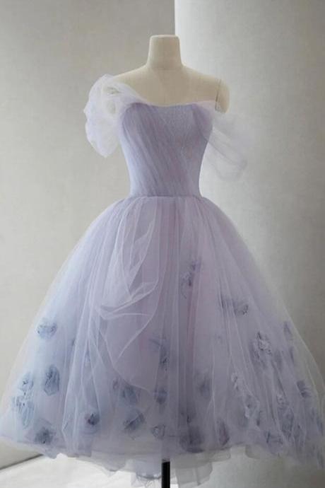 Off The Shoulder Party Dress Purple Tulle Short A-line Prom Dress