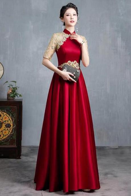 High Neck Burgundy Stain Prom Dresses With Lace