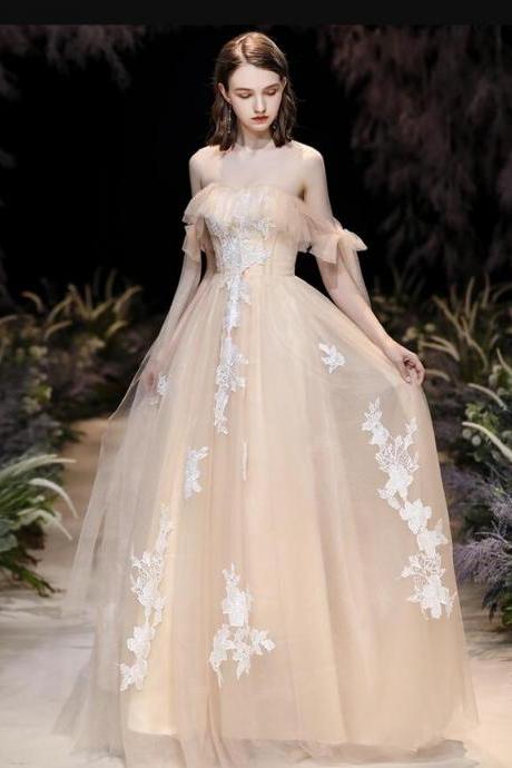 Off Shoulder Light Champagne Tulle with Lace Long Party Dress