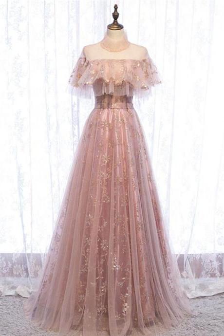 A-line Pink High Neckline Tulle With Lace Prom Dress