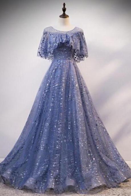 Charming Blue Shiny Tulle And Lace Long Formal Dress