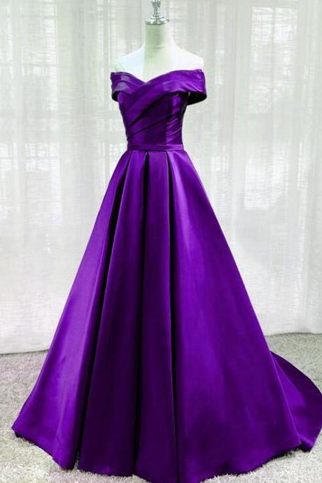 Off Shoulder Long Purple Satin Prom Dress