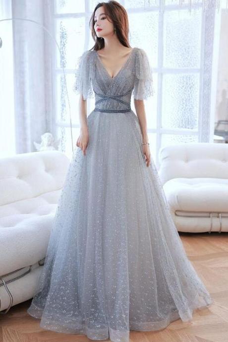 Elegant Grey V-neckline Shiny Tulle Puffy Sleeves Prom Dress