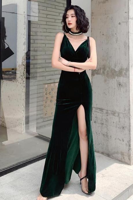 Sexy Dark Green Velvet Long Prom Dress With High Leg Slit