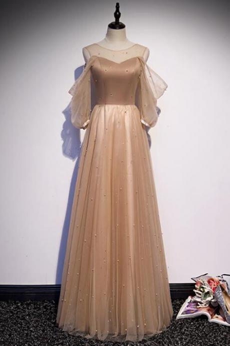 Floor Length A-line Champagne Tulle Long Puffy Sleeves Prom Dress