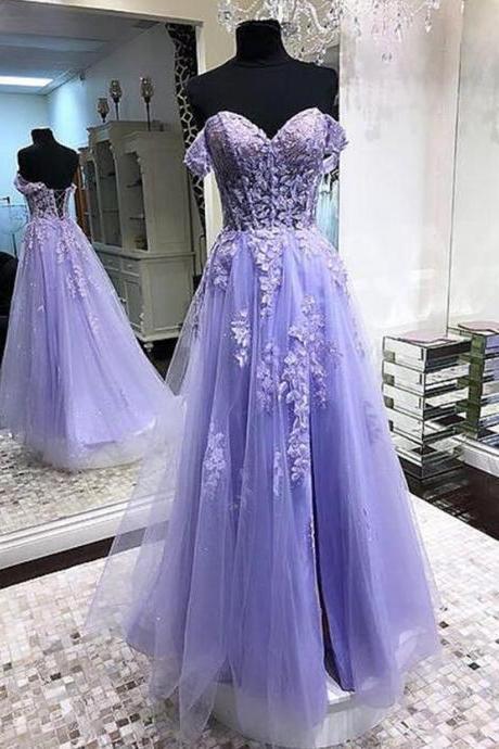 Off Shoulder Lavender Lace Long Prom Dresses