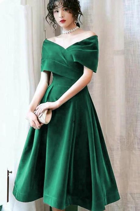Off Shoulder Tea Length Green Velvet Party Dresses
