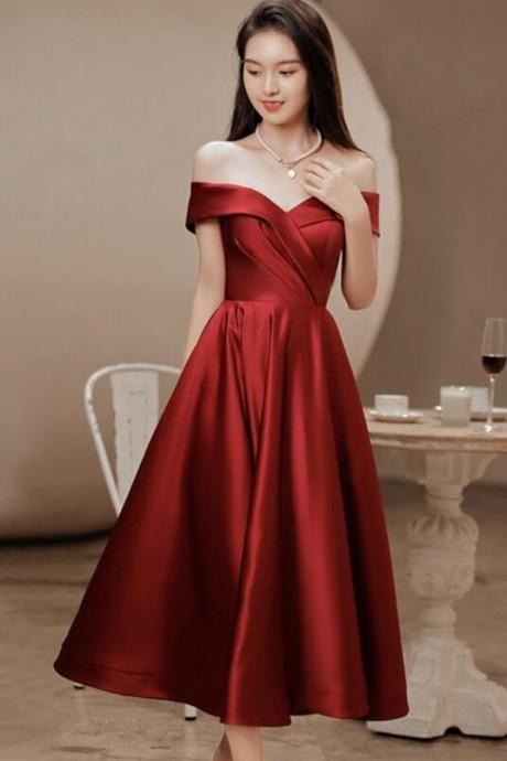 Dark Red Satin Tea Length Prom Dresses