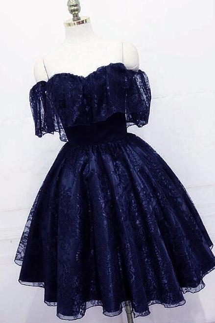 Lovely Navy Blue Lace Short Prom Dress