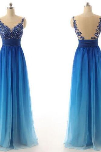 Charming Blue Chiffon Long Prom Dresses