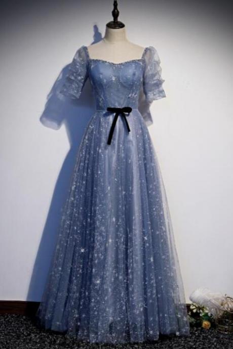 A-line Blue Tulle Short Sleeves Prom Dress Party Dress