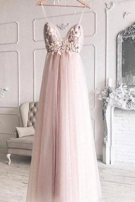 A Line Pink Sweetheart Neck Floral Tulle Prom Dresses