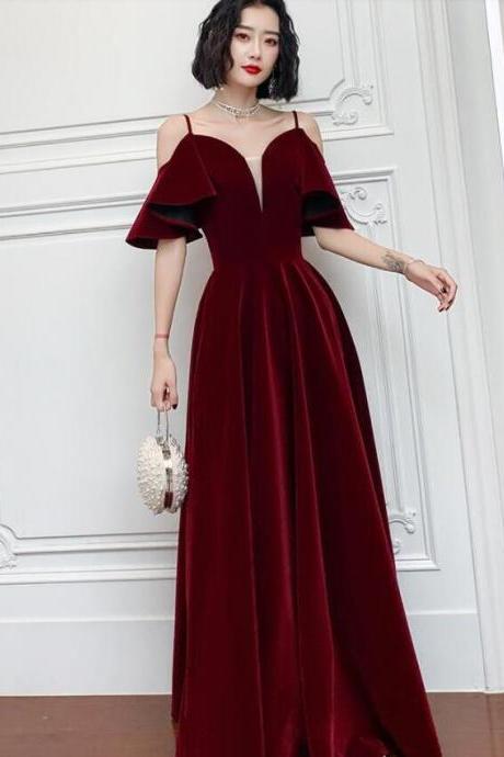 A Line Wine Red Velvet Straps V-neckline Long Prom Dress